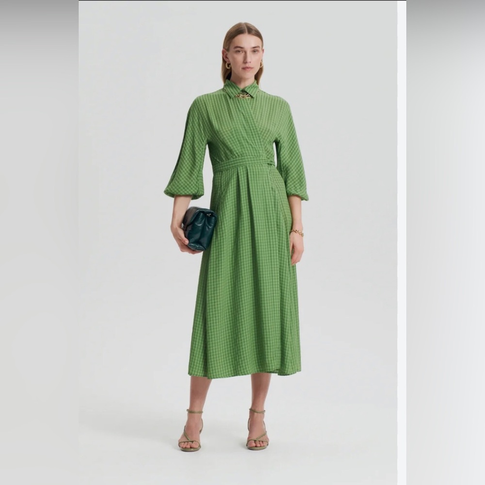 Scanlan Theodore Women’s M Green Gingham Wrap Midi Dress w/Collar and Belt - EUC